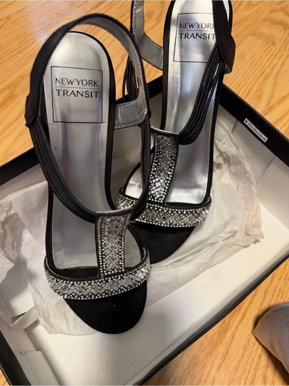New York Transit Women's Black T-Strap Evening Sandals with Rhinestones 7.5